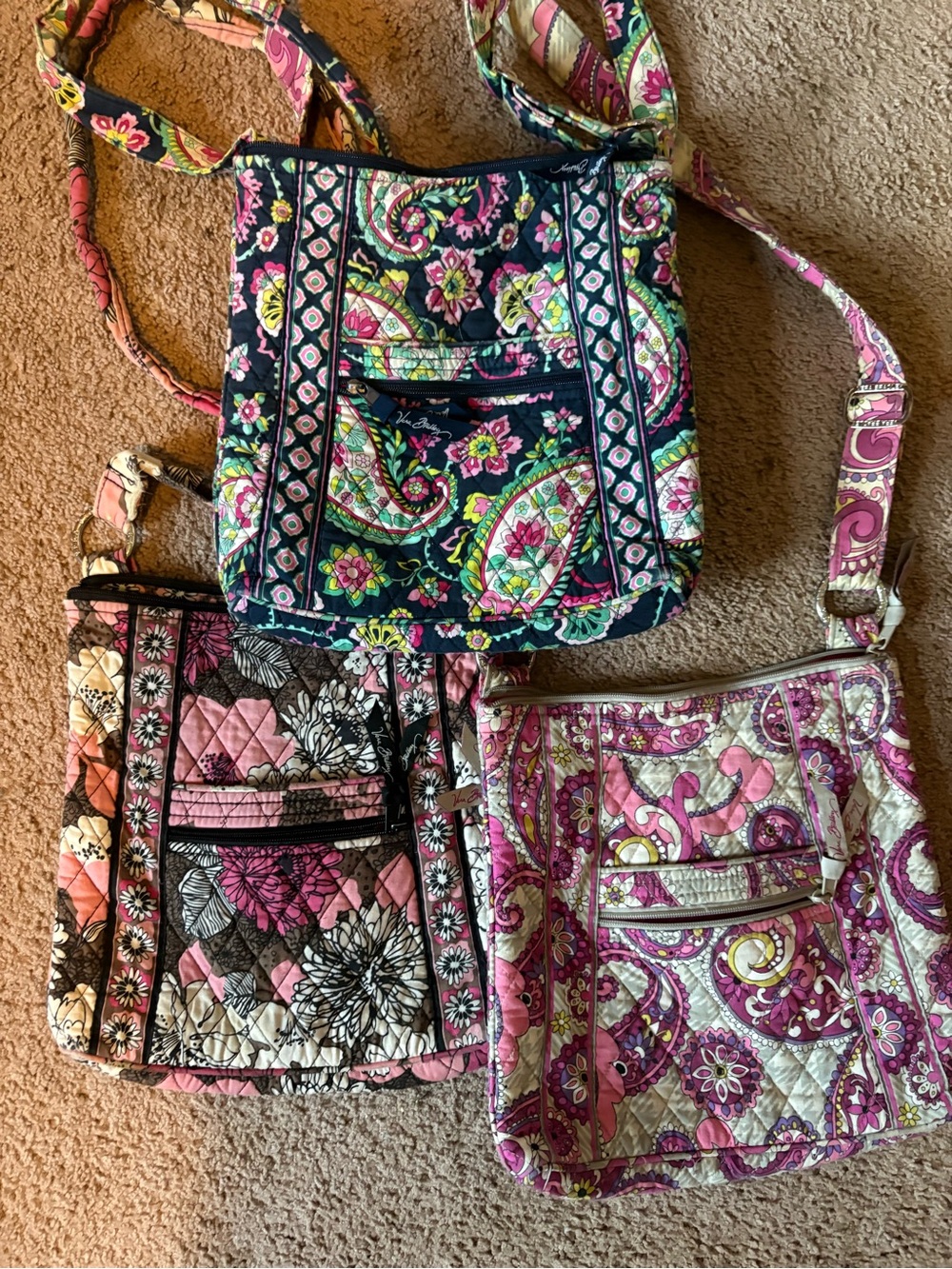 Vera Bradley Floral & Paisley Quilted Crossbody Trio in Navy, Pink & Cream